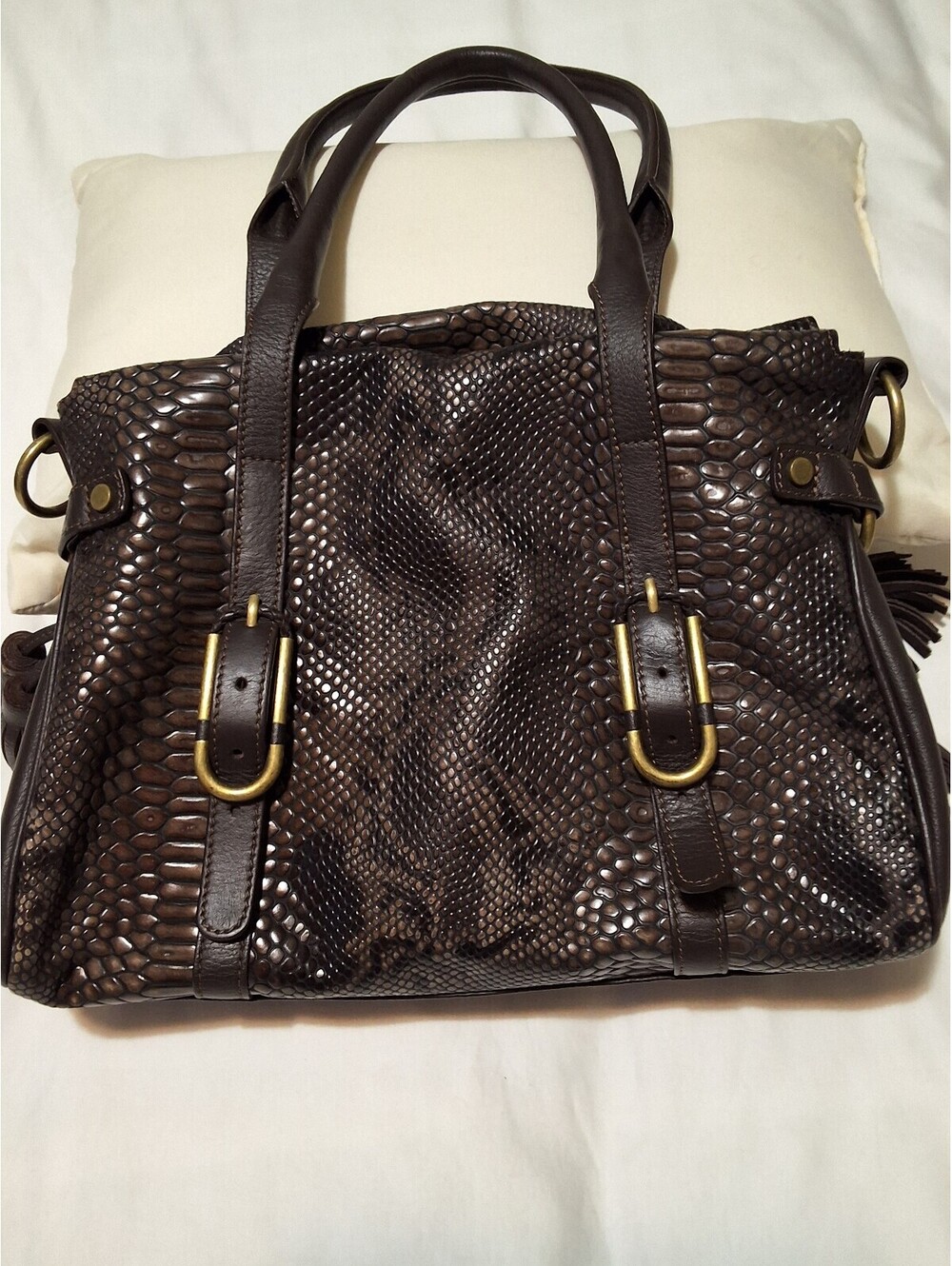 Dark Brown Python Pattern Leather Satchel Bag with Tassel Accents
